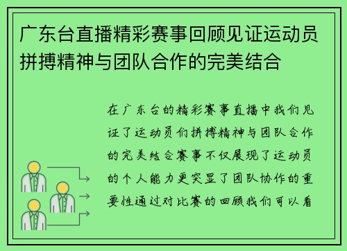广东台直播精彩赛事回顾见证运动员拼搏精神与团队合作的完美结合