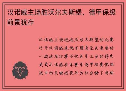 汉诺威主场胜沃尔夫斯堡，德甲保级前景犹存