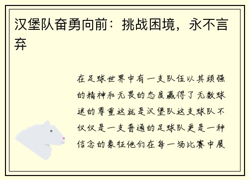 汉堡队奋勇向前：挑战困境，永不言弃